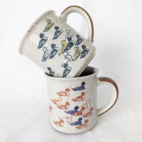 2 Vintage Speckled Duck Water Fowl Ceramic Mugs